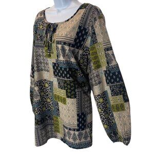 D & Co. Black Tan Floral Long Sleeve Keyhole Collarless Paisley Tunic Top Sz XL